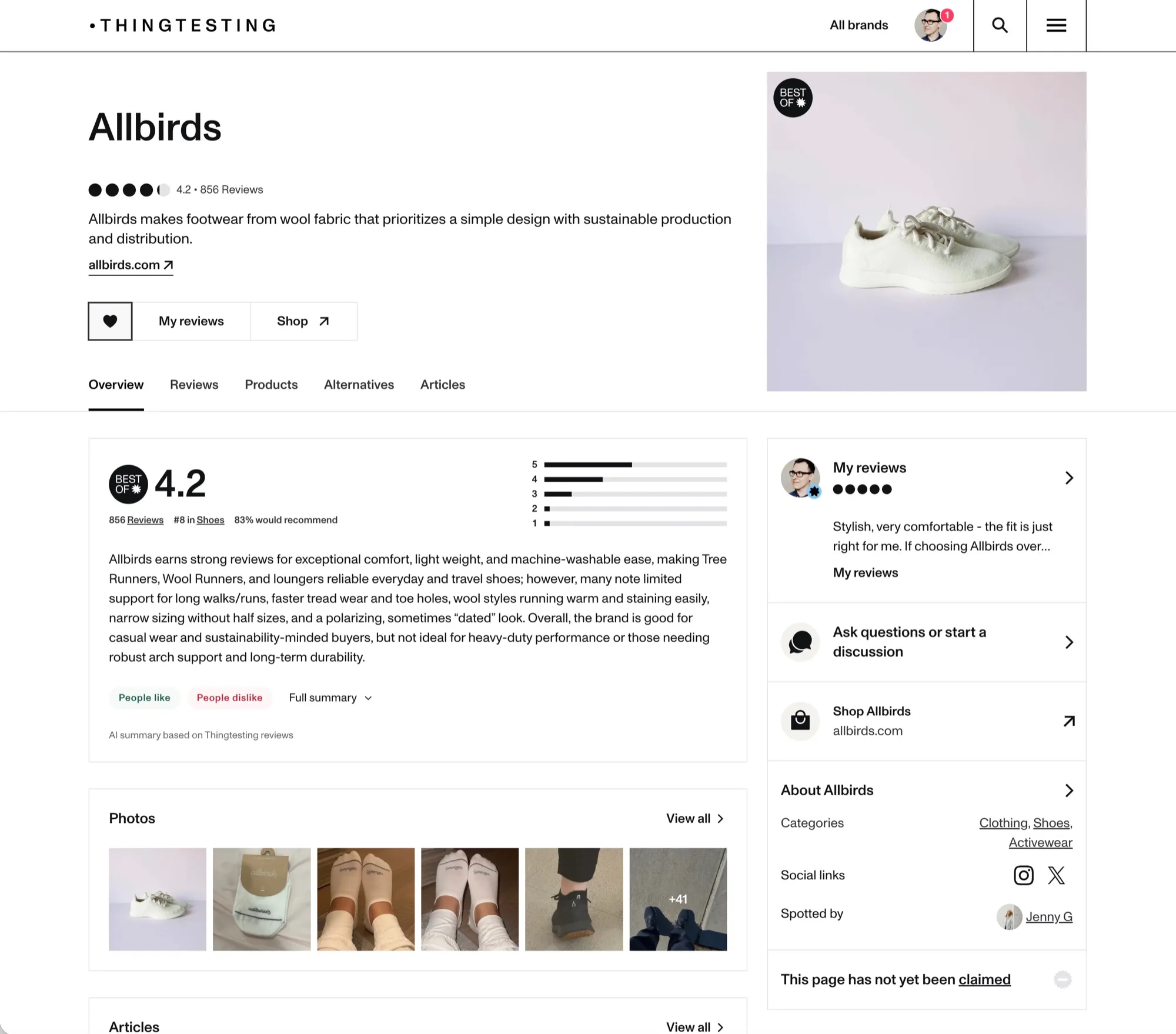 Thingtesting brand page for Allbirds: 4.2 stars from 856 reviews, a rating distribution chart, an AI-written summary of what reviewers like and dislike, tabs for Overview, Reviews, Products, Alternatives and Articles, a photo strip from reviewers, and a sidebar with my reviews, a discussion prompt, a shop link, categories and social links