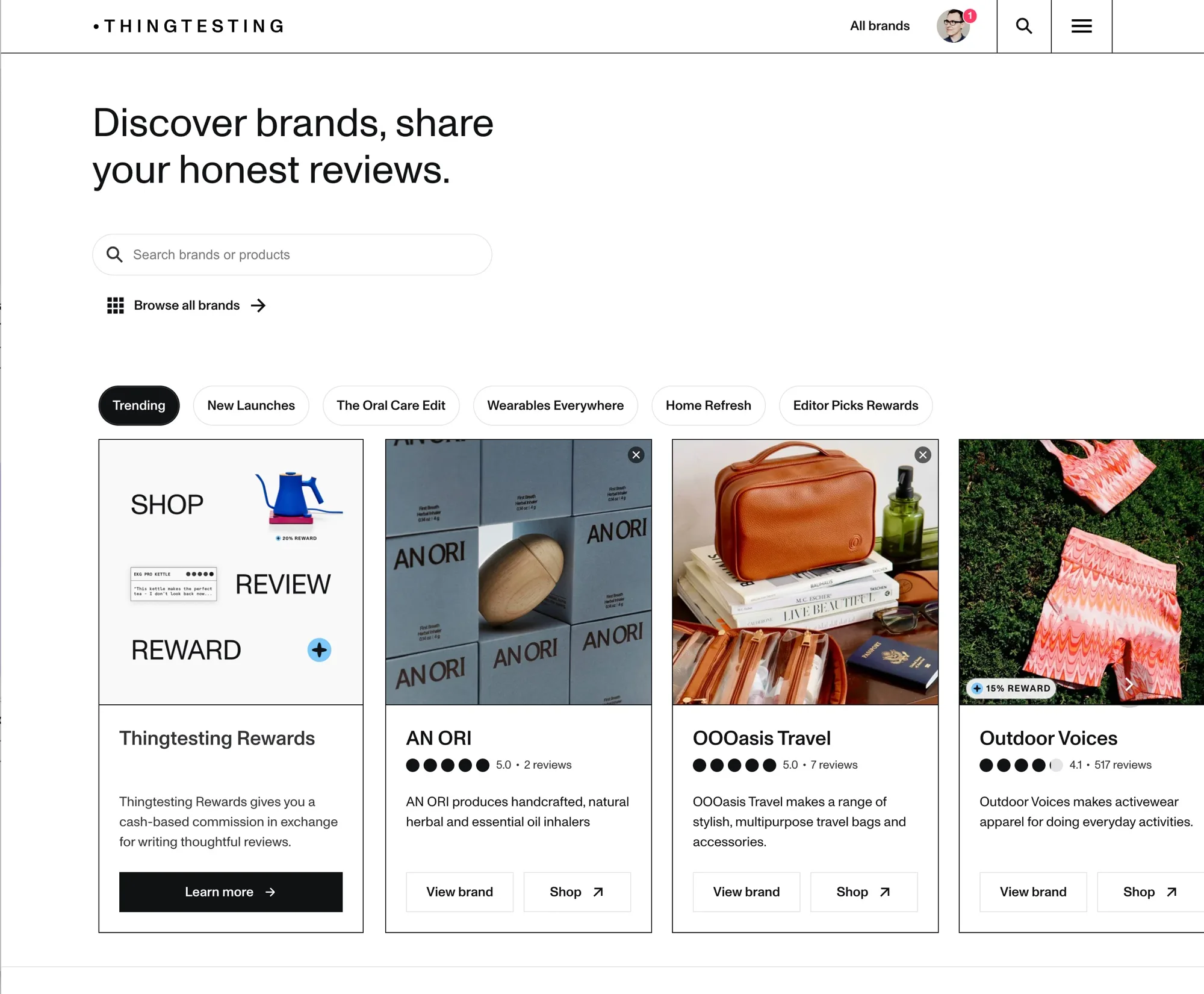 Thingtesting homepage: the headline “Discover brands, share your honest reviews.”, a search field, a Browse all brands link, filter chips such as Trending and New Launches, and a row of brand cards with star ratings, review counts, View brand and Shop buttons, plus a Thingtesting Rewards card