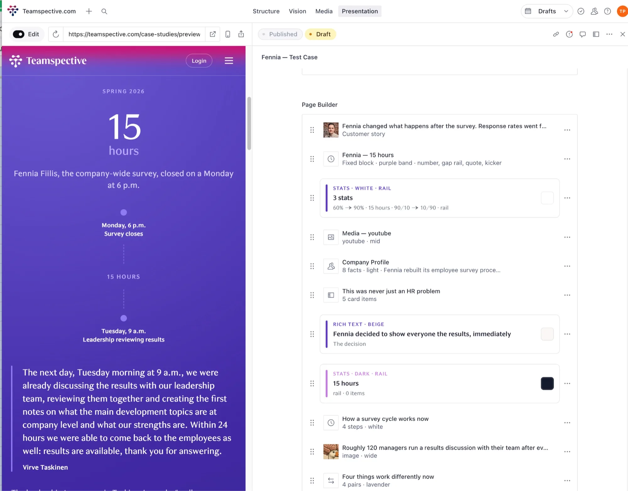 Sanity Studio in Presentation mode: a live mobile preview of a Teamspective customer case study on the left, and on the right the page builder listing its blocks: customer story, a fixed “15 hours” purple band, stats (white, rail), YouTube media, company profile, a card list, rich text (beige), stats (dark, rail), a four‑step list and an image block